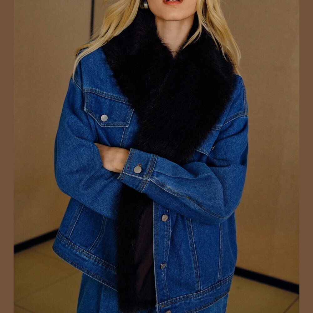Blue Denim Oversized Trucker Jacket with Black Faux Fur Collar